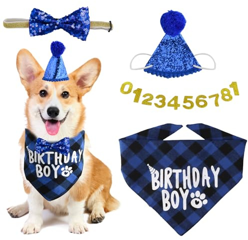 Hund Geburtstag Hut, 13 Pcs Haustier Geburtstag Hut Kit mit 1 Hund Bandana, 1 Fliege, 10 Glitter Nummern, Party Hut für Kleine Mittlere Große Hunde, Geburtstag Kappe Katzen Party Dekoration (Blau)