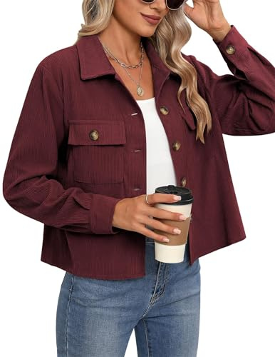 Corduroy Jacket Women Long Sleeve Button Down Fashion Casual Lightweight Business Short Jacket with Pockets (Wine Red,M)