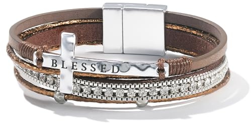 FANCY SHINY Cross Leather Wrap Bracelets Christian Jewelry Religious Baptism Gifts for Women Boho Bead Charm Bracelets with Magnetic Clasp(Brown)