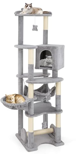 COSTWAY Cat Tree, 176cm Tall Cats Tower with Top Perch, Condo, Basket Bed, Hammock, Jumping Platforms, Sisal Scratching Posts & Hanging Toys, Multi-level Kitty Activity Center for Indoor Cats