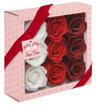 Eurowrap Lot de 9 roses de savon rouges et blanches – Saint Valentin – Cadeau pour elle – À la maison – Journée spa – Amour, fleurs