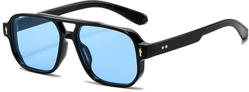 CIKJUK Sonnenbrille Herren Damen Retro Pilotenbrille - Eckig Gläser Vintage Fliegerbrille Rechteckig Piloten Sonnenbrille UV400 Schutz-Schwarz/Blau