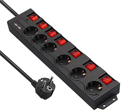DEWENWILS Steckdosenleiste Einzeln Schaltbar mit USB, 6Fach Steckdosenleiste mit Schalter, Mehrfachsteckdose mit Überlastschutz, Kindersicherung, 90° Gedreht, 2M, Schwarz