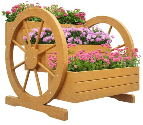 Outsunny Hochbeet aus Holz für Garten Balkon 61 x 62 x 57 cm Teak | Blumenkasten mit 3 Etagen, Gemüsebeet mit Wagenrad-Dekor, Outdoor Kräuterbeet mit Entwässerungslöchern, Blumentreppe