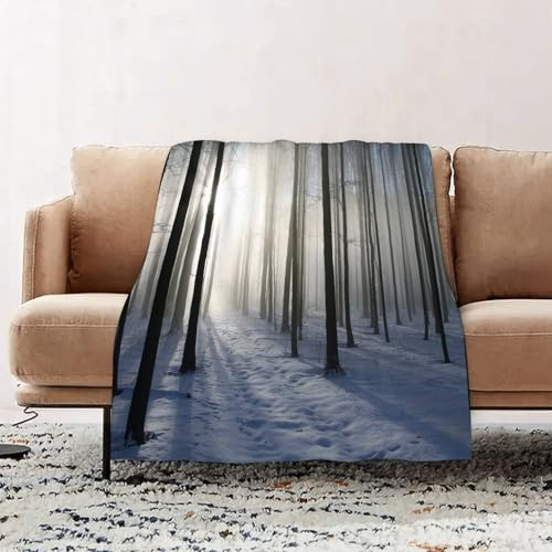 JYLYZZIN Couvertures et Plaids 76 x 100 cm Couverture en Flanelle, Couverture Chaude de Canapé, Jete de lit, Forêt, Mince Chemin Couvert de Neige dans la forêt d'hiver brumeuse avec Le Soleil du ma
