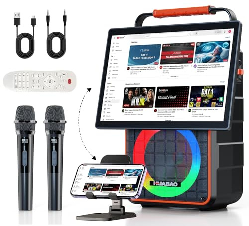 Tragbarer Bluetooth-Karaoke-Lautsprecher mit 14,1-Zoll-HD-Bildschirm, kabelloser Bildschirmspiegelung für iOS und Android, 2 kabellosen wiederaufladbaren Mikrofonen, dynamischer Liedtextanzeige