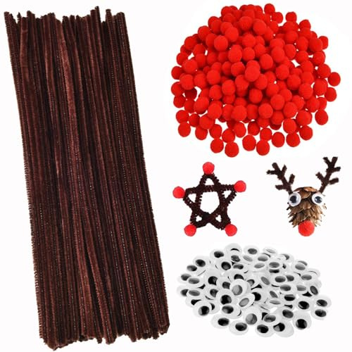 Pfeifenreiniger Braun, 400 Stück Pfeifenputzer zum Basteln mit Wackelaugen Selbstklebend Chenilledraht und Pom Poms - Weihnachtsdekoration Rentieren Bastelzubehör