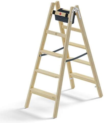 Hailo Master H80 Holz-Doppelstufenleiter 2x5 Stufen bis 150 kg | Beidseitig begehbar, 80 mm Stufen, imprägniertes Kiefernholz, Werkzeugtasche