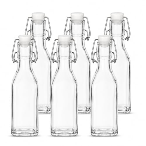 250ml Glass Bottles with Stoppers, 6 Pack Clip Top Preserve Bottles | Airtight Swing Top Bottles, Ideal for Juice, Milk, Oil, Vinegar, Syrups, Sauces and Homebrew - Vintage Style Kitchen Storage