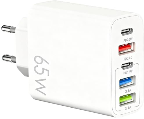 65W Rapida Chargeur USB C, Multiple 5 Port Prise USBC Chargeur Rapide, Multi Secteur USB A &Type C QC 3.0 PD Adaptateur d'alimentation USB pour iPhone 16 15 14 13 12 11 Pad Pro Max Samsung
