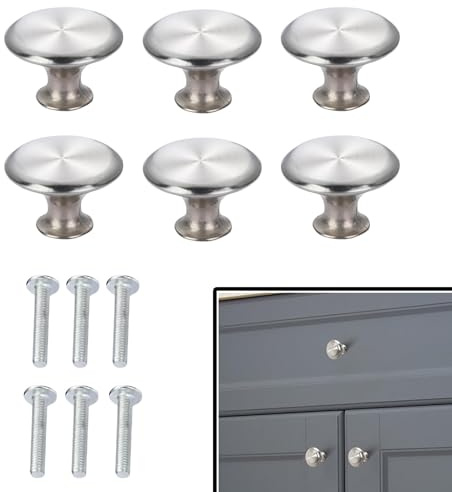 FJDRSIG 6 Pcs Cabinet Knobs, Stainless Steel Door Knobs, Wardrobe Knob, Silver Kitchen Cabinet Knob with Screws, for Chest of Drawers Furniture Cupboard Dresser Wardrobe Doors Handles&Knobs(28mm)