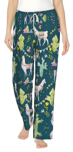 Llama Animal Alpaga Cactus Tropical Imprimé Pantalon de pyjama ample pour femmes, bas de pyjama doux et confortable pour femmes, filles à Noël, blanc, L