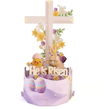 Biglietto di auguri di Pasqua pop-up 3D creativo con croce, con scritta in lingua inglese He is Risen, con simpatiche galline e coniglietti, fiori primaverili, biglietti di auguri pasquali, regalo
