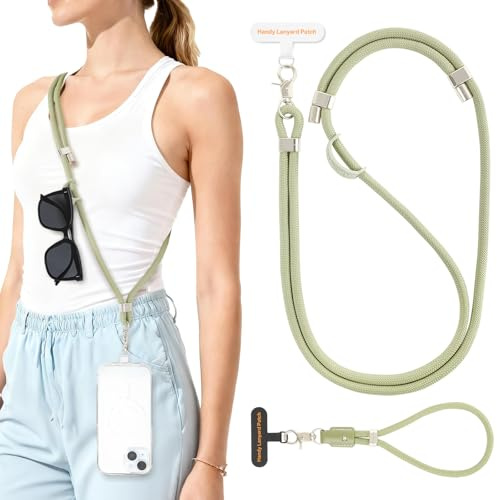 Oaridey 2er Anti-Diebstahl Handykette Universal, enthält verstellbares Handyband zum Umhängen und Handykette kurz. Mit 2 Handy Lanyard Patches und robustem Haken für Kopfhörer, Schlüssel, Blassgrün