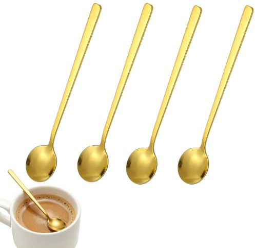 4 Pcs Gold Stainless Steel Teaspoons, 17cm Stainless Steel Tea & Stirring Spoons, Coffee Station Accessories for Latte, Iced Tea & Dessert