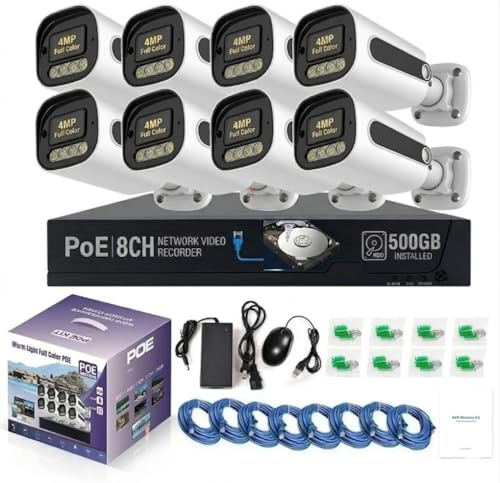 Kit Videosorveglianza PoE 8 Telecamere Esterno Full Color Notturna a Colori, Sistema NVR 8 Canali con Hard Disk, Telecamere IP HD, Rilevamento Movimento, Audio, Accesso Remoto Smartphone