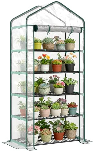 Outsunny Serra a Casetta a 5 Livelli 90x49x193 cm Trasparente | Ingresso Avvolgibile, Copertura Allungata, Serra da Giardino in Acciaio e Polietilene