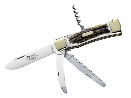 Hartkopf Jagd-Taschenmesser, Hirschhorn, Stahl 1.4110, Säge, Aufbrechklinge, Korkenzieher, Neusilberbacken