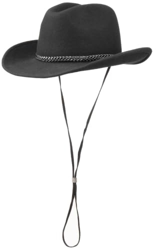 Lipodo Westernhut mit Kinnband Damen Herren 100% Wollfilz Made in Italy Rodeohut mit Lederband Cowboyhut Filz Sommer Winter schwarz S (54-55 cm)