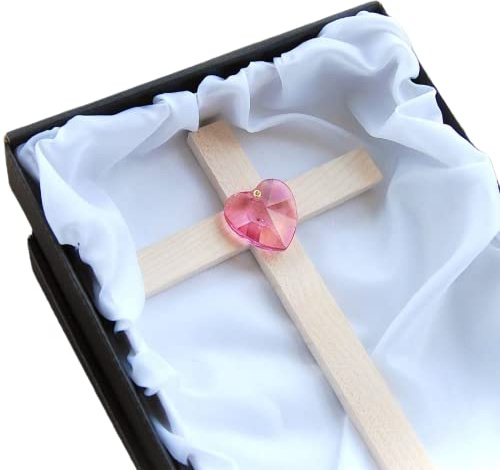 Choralis Wood Art Wandkreuz aus Holz mit Kristallherz Rose