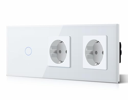 BSEED Touch Lichtschalter mit Stekdose aus Glas, Modern Schlater und Wandsteckdosen, KEIN WLAN, 1 Fach 1 Weg + Doppelt Steckdosen, 228mm Weiß