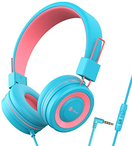 iClever Casque Audio Enfant, Casque Filaire pour Enfants, Serre-tête Ajustable, Son Stéréo, Fils Démêlés, Prise Auxiliaire 3.5 mm, 85/94 DB Volume Limité, Casque pour Enfants (Bleu Rose)