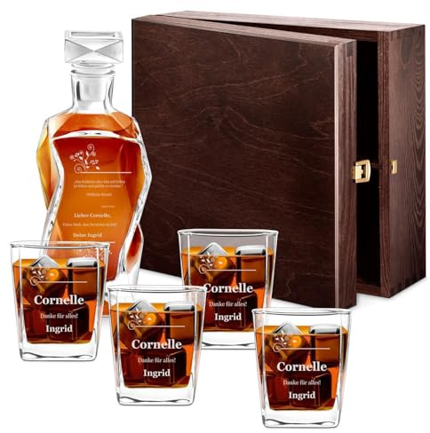 Maverton Whiskey Karaffe + 4 / 6er Whiskygläser Set mit Gravur - 700ml Whisky Dekanter - Geschenk zum Geburtstag für Damen - Danksagung