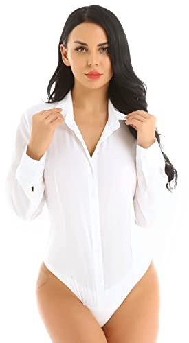Mufeng Body da Donna Camicia Bianca Maglia Elegante a Maniche LungheCorte Slim Estiva Maglia Colletto Perizoma Bodysuit Shirt Body Shaper Abito Ufficio Casuale Bianco M