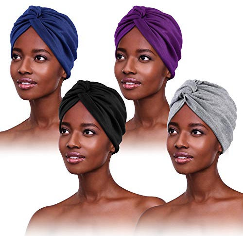 PHOGARY 4 Stücke Turban für Damen,Verknotet Turban Tuch Falten-Kopfbedeckung Damen Kopftuch Frauenhut‌ Sommer Mütze Chemo Kopfbedeckung Hut Für Haarverlust Chemo Mit Blume, 4 Farben