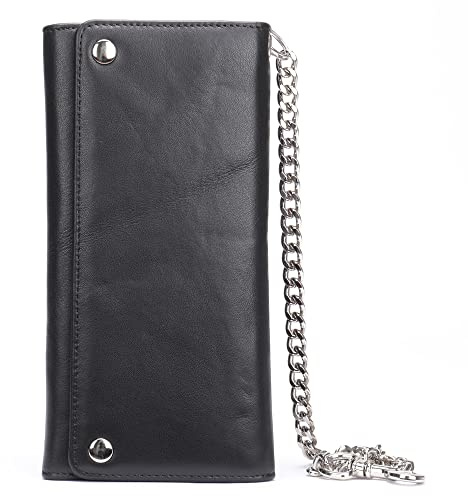 NIUCUNZH Mens Genuine Leather Chain Wallet: Biker Trucker Long Trifold wallet Heavy Duty Black
