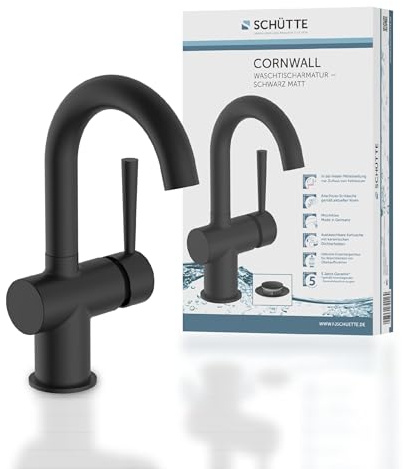 SCHÜTTE Waschtischarmatur CORNWALL mit hohem Auslauf, Wasserhahn für das Bad mit Pop-Up Exzenter, Badarmatur mit Einhebelmischer, Mischbatterie in Schwarz Matt