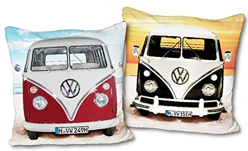 VW Volkswagen Kissen Bulli Beach Rot - Schwarz 40 cm x 40 cm Schmusekissen Kuschelkissen Wende-Deko-Kissen Zierkissen Reise-Kissen Kopfkissen Bus Campervan T1 Bus Auto Car Retro zur Bettwäsche 089