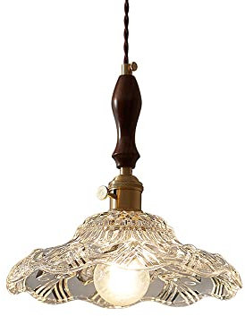 Messing E27 japanischer kleiner Kronleuchter mit einem Kopf Nussbaum Lampenkörper Dekorative Beleuchtung Pendelleuchte Transparenter Lampenschirm aus Glas mit hoher Lichtdurchlässigkeit Geeignet für B