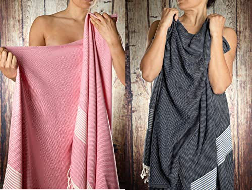 Happy Towels Asciugamano per hammam, confezione da 2 pezzi, asciugamano da bagno, asciugamano da sauna, tessuto extra lungo e morbido, 210 cmx100 cm, commercio equo e solidale (nero e rosa, 2)