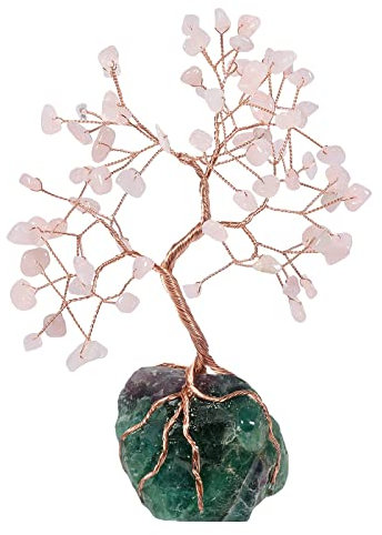 KYEYGWO Rosenquarz Heilung Kristall Geldbaum auf Natürlichen Fluorite Rohstein Base, Feng Shui Bonsai Baum Kristallbaum Figuren Stein Ornament Edelsteinbaum Haus Deko für Glück, Reichtum