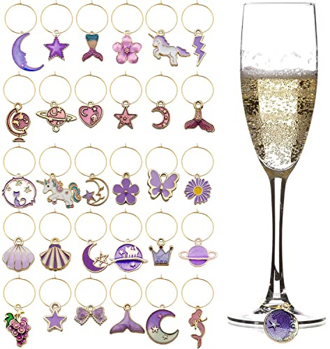 VICDUEKG 31 PCS Weinglas Anhänger Charms, Glas Identifikations Getränke Markierungen Glasmarkierung Thema Strand Getränkemarker Partydekoration für Party Weinglas Wein Cocktail Champagner, Violett