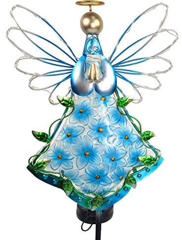 38Inch Angel Solar Lights Outdoor Decorative-Metal&Glass Angel Blue Hydrangea Flower Garden Stake- Waterproof 30 Warm White LED for Remembrance & Sympathy Gifts（Blue）