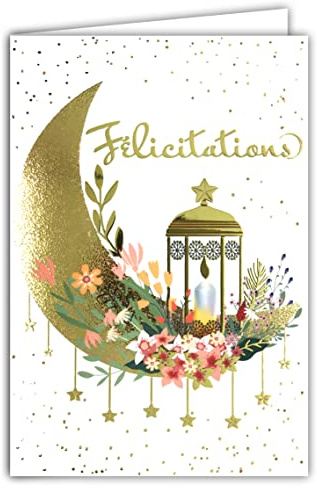 68-9005,Biglietto congratulazioni per nascita, battesimo, matrimonio, feste, vari fiori, candela lanterna mezzaluna di luna in oro dorato brillante regalo con busta bianca, formato 17.5x12 cm AFIE
