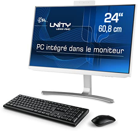 PC Tout-en-Un CSL Unity U24W-AMD, 60,5 cm (23,8 Pouces, 1920x1080 Full HD) - AIO Puissant (AMD Ryzen 3 4300GE CPU 4x3500 MHz, 500 Go SSD, 8 Go DDR4-RAM, Windows 11 Famille), Blanc