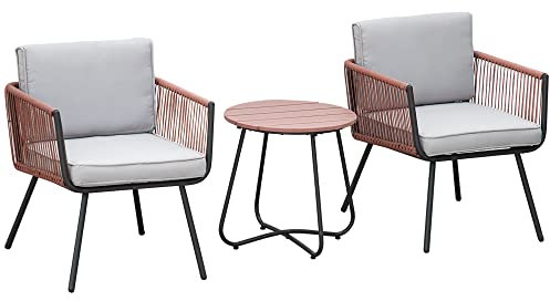 Outsunny Gartenmöbel-Set aus Polyrattan, 3-teilig, Stahlrahmen, 2 Sessel + 1 Couchtisch, inkl. Kissen, Teak, Grau / Orange