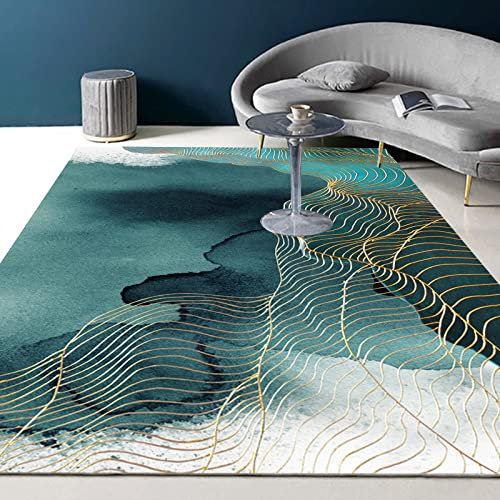 KeletiRug Rectángulo Sala de Estar Alfombras, Pelo Corto Alfombra Lavable Antideslizante Decorativa Alfombras L铆nea Dorada Verde Abstracto Tinta Y Aguada, 160 X 180 cm