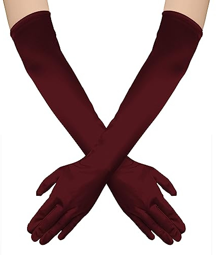 NQEUEPN Lange Damenhandschuhe, 52cm Lange Ellbogen Satinhandschuhe Opernhandschuhe Dehnbare 1920er Handschuhe Handpflege Feuchtigkeitshandschuhe für Frauen Mädchen Abendparty Tanz(Dunkelrot)