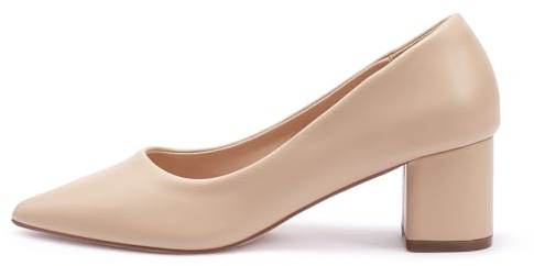GENSHUO Zapatos de tacón bajo con Punta Cerrada y tacón Grueso clásico para Mujer, Slip-on, Ideales para Trabajo y Eventos Formales, Beige Mate, 37 EU
