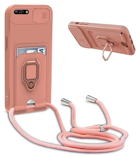 YFSYLL Handykette Schutzhülle kompatibel mit Huawei Y6 2018 / Honor 7A Handyhülle mit Band,Silikon Handyhülle Case mit Schiebe Kameraschutz,360 Grad Ringhalter Stand,Kartenfach,Pink