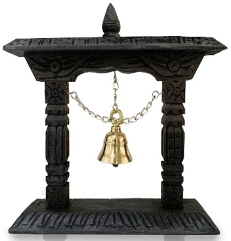 Himalayan Craft Traditionelle Tischglocke aus Messing auf Holzrahmen Pooja Handglocke Ghanti für Tempel Home Store – Messingglocke für Puja Geschenk Dekoration & Sammlungen – handgefertigt in Nepal