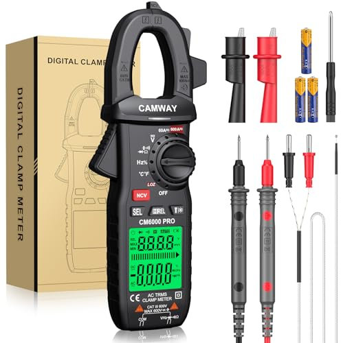 CAMWAY Clamp Meter, Digital Clamp Multimeter,TRMS 6000counts 600A AC/DC Current, AC/DC Voltage NCV Continuity Capacitance Resistance Frequency Diode LOZ Test, Large Backlit LCD Portable Clamp Tester
