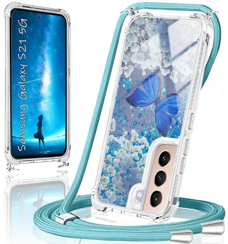 XCYYOO Handykette für Samsung Galaxy S21 5G Hülle mit Band,Handyhülle Samsung S21 5G Glitzer Schmetterling mit Kette TPU Slim Bumper Kratzfest Stoßfest Schmetterling Schutzhülle mit Kordel
