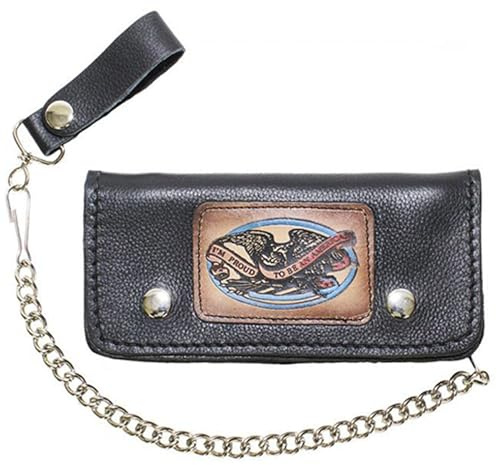Eagle & American Pride Bifold Chain Wallet for Men and Women, Cowhide Leather Motorcycle Biker Wallet with Anti-Theft Steel Chain, Black & Brown ID Card Holder Trucker Wallet with Snap Closure