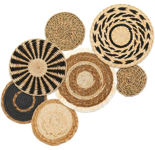Lot de 7 Panier Muraux Bohème à la Main Decoration Murale en Rotin Osier Decoration Murale Ronde Rotin Décoration Murale Sets de Table pour Chambre à Coucher Salle à Manger Bureau
