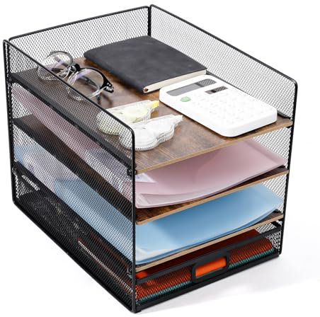 Cinnani Schreibtisch Organizer, 4 Ebenen Papier Briefablage mit Schublade,Ablagefächer Organizer mit für Ordnern,Briefen,Papier,Metall Schreibtisch Organizer Tablett (MDF-Material)